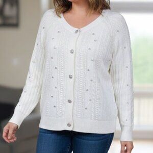 CeCe XL sophisticated creamy white button up jeweled cardigan sweater